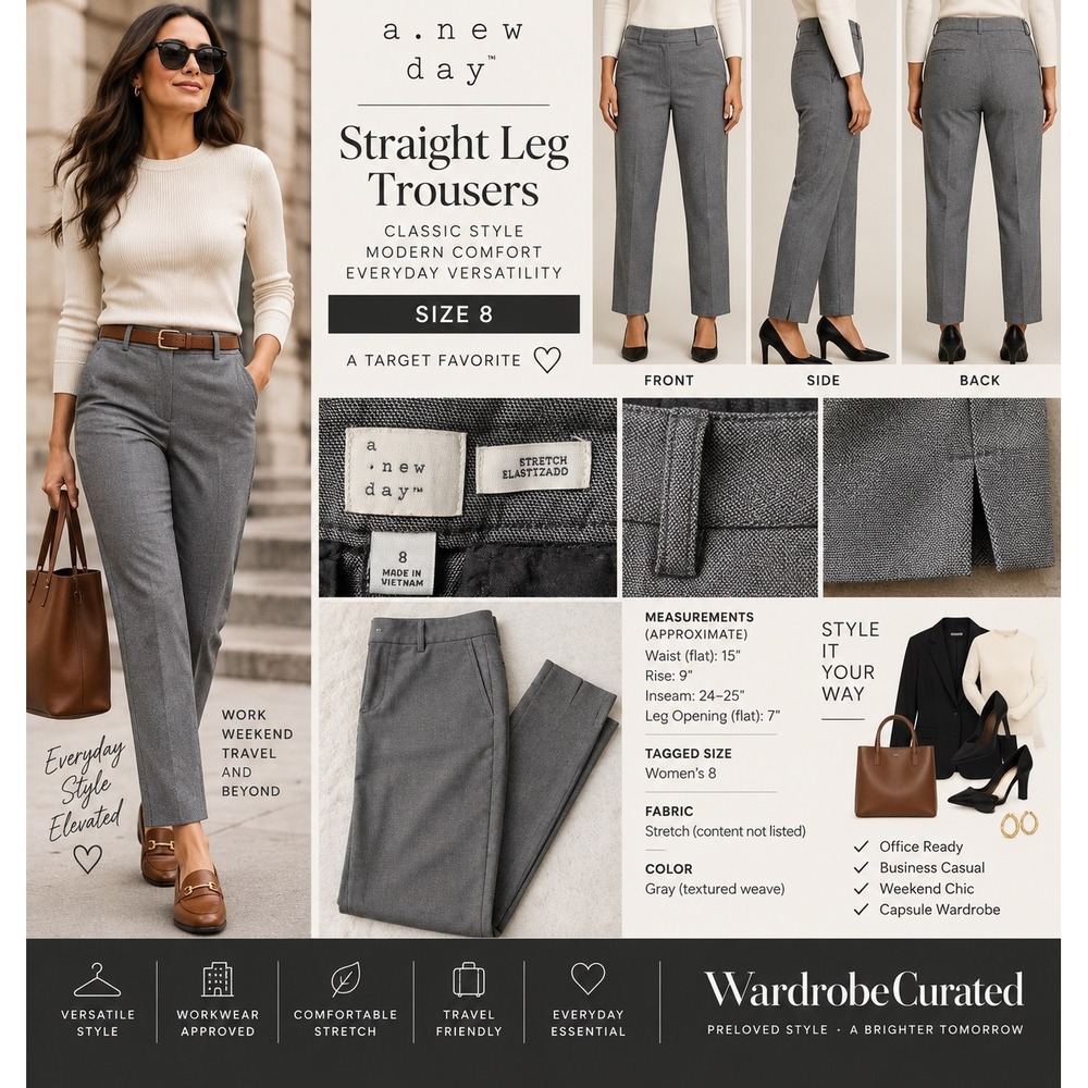 A New Day Womens 8 Gray Stretch Straight Leg Career Dress Pants Trouser